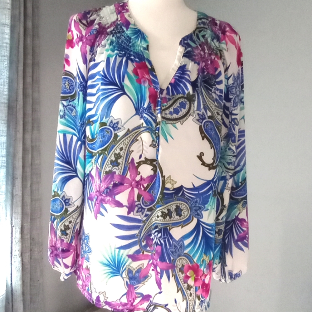 Investments Petites Blue Purple Bohemian Scoop Neck Women's Blouse Top Size PL